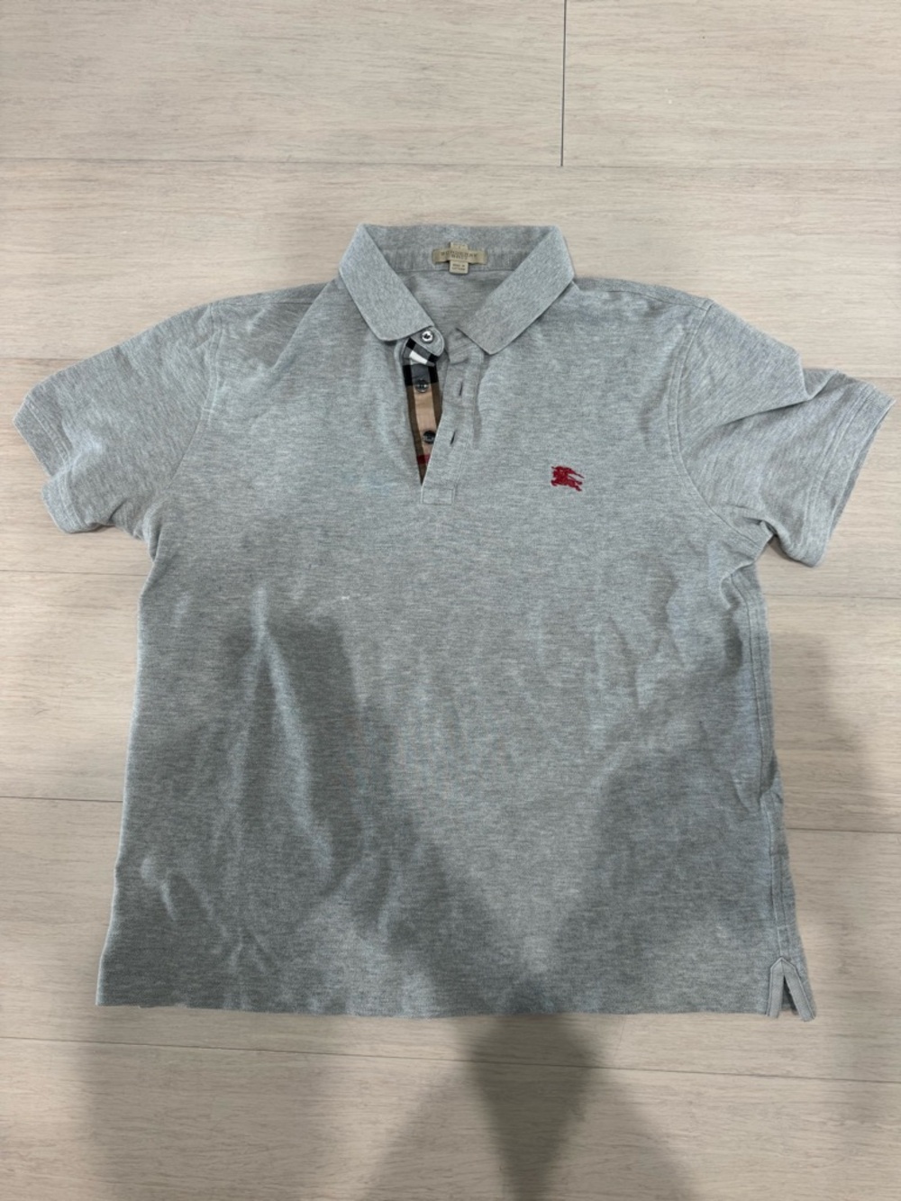 Burberry Light Gray Polo with Red Embroidered Logo - Men Vintage Large